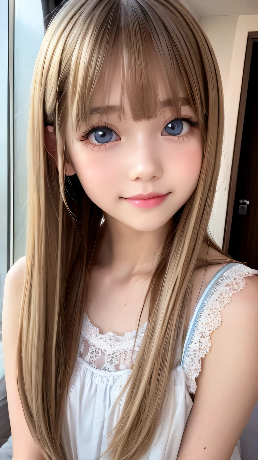 A shy smile、Photorealism、highest quality、Ultra-high resolution、photograph、A photo of a very beautiful girl born in Scandinavia. A beautiful girl in the ordinary sense.、Detailed cute and beautiful happy face、(Pure Eros Face_v1:0.008)、Beautiful bangs、Alice in Wonderland、12 years old、Shiny white glossy skin、Bangs that reach the face、Bangs between the eyes、Super long hair、Attractive Bright Natural Platinum Blonde Ponytail Silky Hair、Thin Hair、High definition eye beauty, bright and clear、The big light blue eyes shine with charm.、white lace nightdress、eyeliner、Double eyelids、Lush medium semi-nude bust、Clever、perfect beautiful young body、Perfectly proportioned body、bedroom、Sit on the bed、Sit down