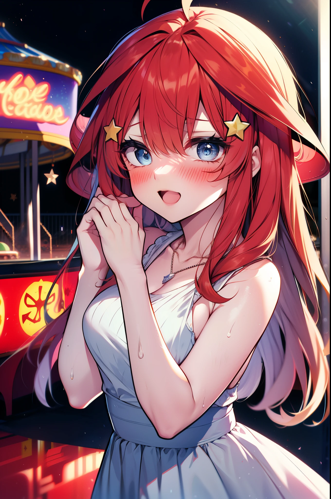 itsukinakano, Itsuki Nakano, bangs, blue eyes, Hair between the eyes, Ahoge, Redhead, star \(symbol\), hair ornaments, star hair ornaments,smile,blush,happy atmosphere,
(Great Laugh:1.1), (Open your mouth:1.1), Sun glare, Bokeh, Written boundary depth, blurred background, Particles of light, Strong winds, White long skirt integrated dress,Exposing shoulders,bare clavicle,Bare neck,Bare arms,Cute Sandals,slouch,Look up,night,moonlight,star,romantic,Heart Necklace,amusement park, roller coaster, carousel, Bumper Car, Ferris wheel, water park, break looking at viewer, Upper Body, whole body,(Cowboy Shot:1. 3) break outdoors, amusement park break (masterpiece:1.2), highest quality, High resolution, unity 8k wallpaper, (shape:0.8), (Fine and beautiful eyes:1.6), Highly detailed face, Perfect lighting, Highly detailed CG, (Perfect hands, Perfect Anatomy),