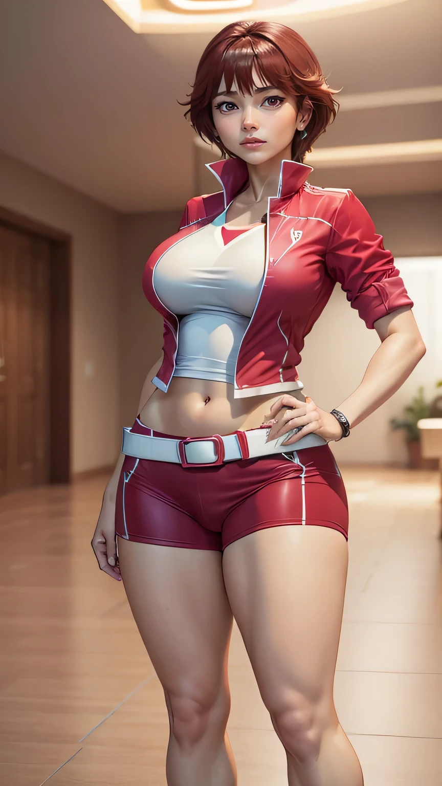 fujieda yoshino, brown hair, red uniform, red jacket, white belt, red shorts,nude breast, perfect breast, perfect hips, beautiful face, looking to the viewer, full body, motherly body, nude breast, best quality, highres, masterpiece:1.2), athletic wear, sexy, tight-fitting clothes, big breasts, intense gaze, confident pose, vibrant colors, soft lighting, beautiful face.