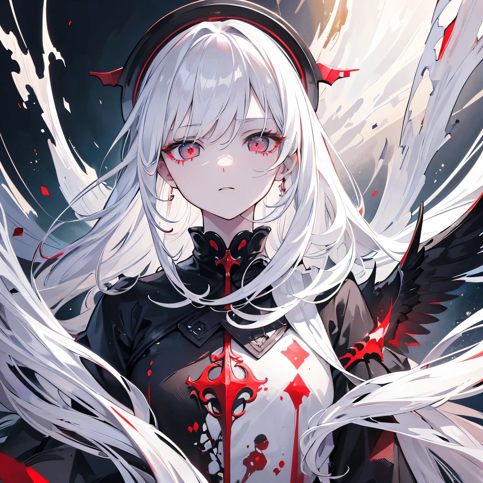 1 Girl, incredibly high resolution, masterpiece, Very detailed, Realistic, Long white hair, (Iris), Sharp Face, Sharp eyes, Scary face, thin, small, young, (Shining white), (Dark cracks on the skin), A wave of red power flows, Watching the audience, Mid Shot, amazing, intense