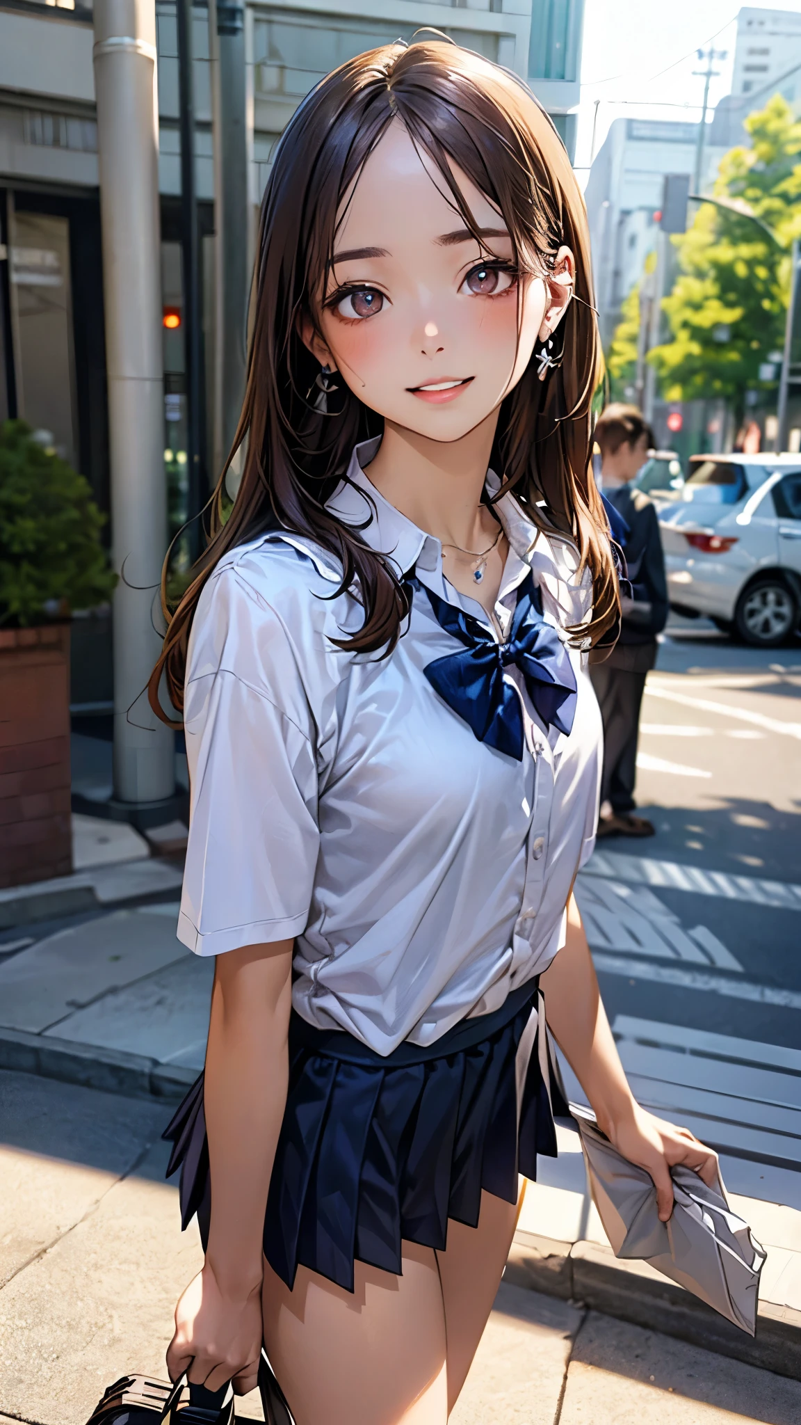 (masterpiece:1.2, top-quality), (realistic, photorealistic:1.4), beautiful illustration, (natural side lighting, movie lighting), nsfw, 
beautiful detailed hair, beautiful detailed face, beautiful detailed eyes, beautiful clavicle, beautiful body, beautiful chest, beautiful thigh, beautiful legs, beautiful hands, 
looking at viewer, 1 girl, japanese, high school girl, perfect face, cute and symmetrical face, shiny skin, 
(long hair, straight hair, brown hair), forehead, gray eyes, slant eyes, big eyes, long eye lasher, (medium breasts), (small ass, thin thighs), slender, outstanding style, 
(detailed cloth texture, short sleeve white collared shirt, navy school vest, navy pleated skirt, navy bow tie), earrings, necklace, 
(beautiful scenery), summer, evening, (school), walking, (lovely smile, parted lips), 