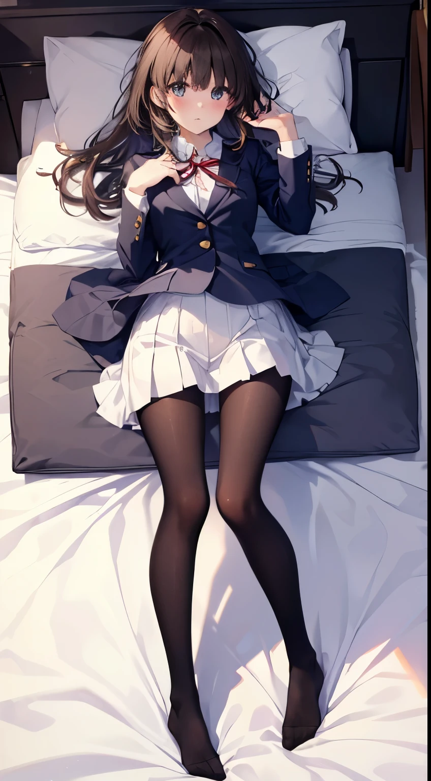 Top quality, masterpiece, High resolution, (Head to toe full body), Composition from the front and slightly below, Symmetric, 18-year-old, Slim and beautiful girl, alone, (Small breasts), (No shoes),Unkempt brown hair, bangs, (black tights), (Black Pantyhose), (Spread-legged pose on bed), Both arms are tied behind one&#39;s back, (A composition showing white panties), (Her legs were spread、I see your white pants.), blush, Shy big eyes, looking at the camera, Blazer uniform, Checkered Pleated Skirt