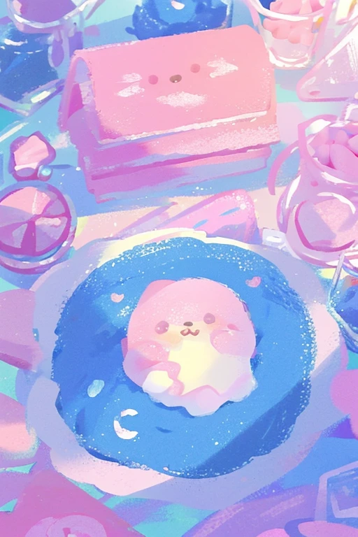 there is a pink and blue toy house with cherries on top, cute bakery shop, kawaii hq render, sanrio ornaments, in a candy land style house, sanrio, pastel cute slime, cafe for felted animals, kawaii aesthetic, kawaii cutest sticker ever, cute illustration, cute room, by Kubisi art, kawaii, cute colorful adorable