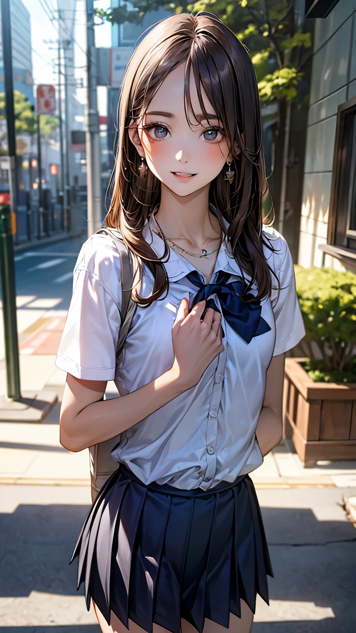 (masterpiece:1.2, top-quality), (realistic, photorealistic:1.4), beautiful illustration, (natural side lighting, movie lighting), nsfw,
beautiful detailed hair, beautiful detailed face, beautiful detailed eyes, beautiful clavicle, beautiful body, beautiful chest, beautiful thigh, beautiful legs, beautiful hands,
looking at viewer, 1 girl, japanese, high school girl, perfect face, cute and symmetrical face, shiny skin,
(long hair, straight hair, brown hair), forehead, gray eyes, slant eyes, big eyes, long eye lasher, (medium breasts), (small ass, thin thighs), slender, outstanding style,
(detailed cloth texture, short sleeve white collared shirt, navy school vest, navy pleated skirt, navy bow tie), earrings, necklace,
(beautiful scenery), summer, evening, (school), walking, (lovely smile, parted lips),