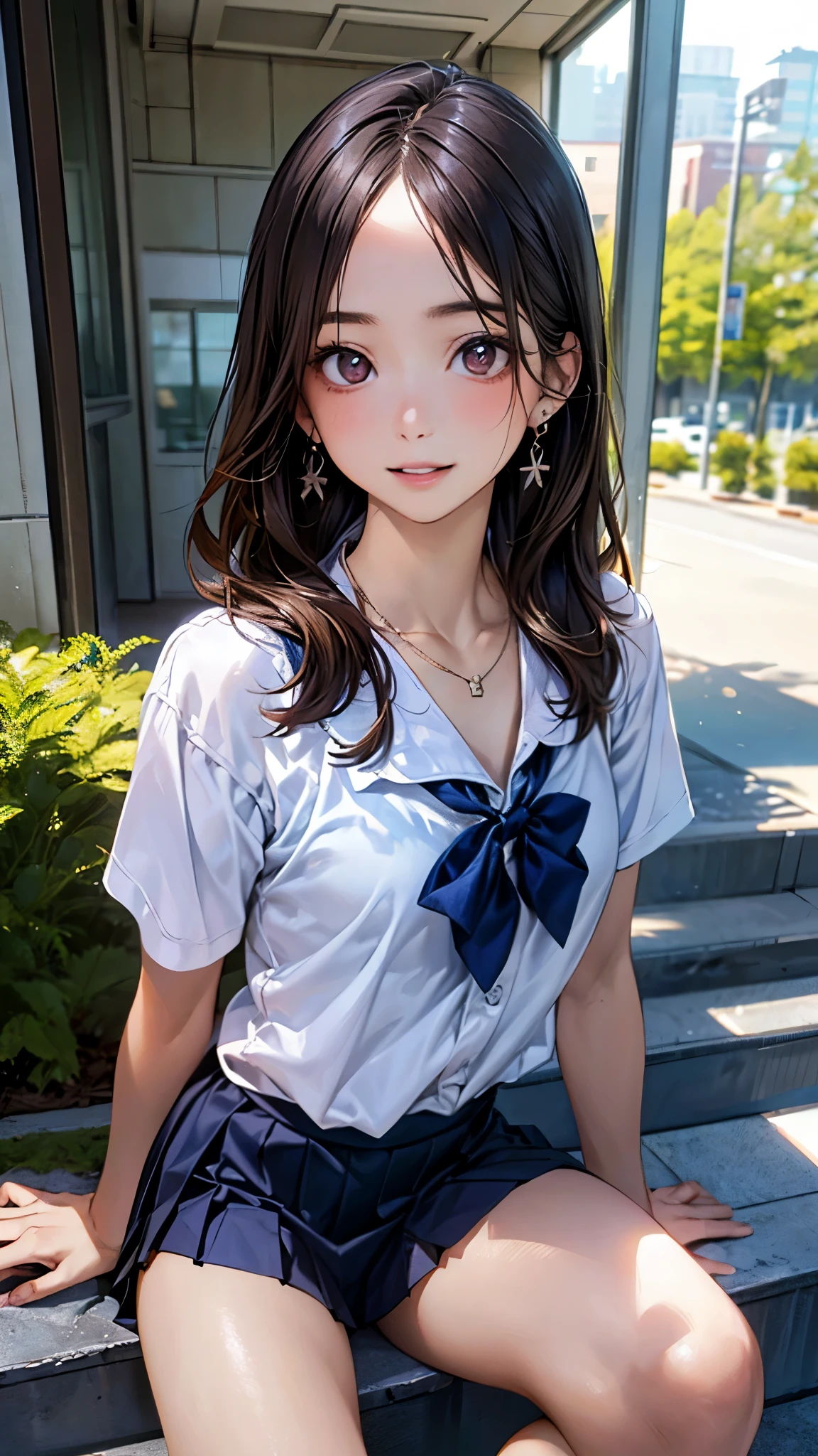(masterpiece:1.2, top-quality), (realistic, photorealistic:1.4), beautiful illustration, (natural side lighting, movie lighting), nsfw, 
beautiful detailed hair, beautiful detailed face, beautiful detailed eyes, beautiful clavicle, beautiful body, beautiful chest, beautiful thigh, beautiful legs, beautiful hands, 
looking at viewer, 1 girl, japanese, high school girl, perfect face, cute and symmetrical face, shiny skin, 
(long hair, straight hair, brown hair), forehead, gray eyes, slant eyes, big eyes, long eye lasher, (medium breasts), (small ass, thin thighs), slender, outstanding style, 
(detailed cloth texture, short sleeve white collared shirt, navy school vest, navy pleated skirt, navy bow tie), earrings, necklace, 
(beautiful scenery), school hallway (hands on chest, skirt hold), (seductive smile, upper eyes, parted lips), 