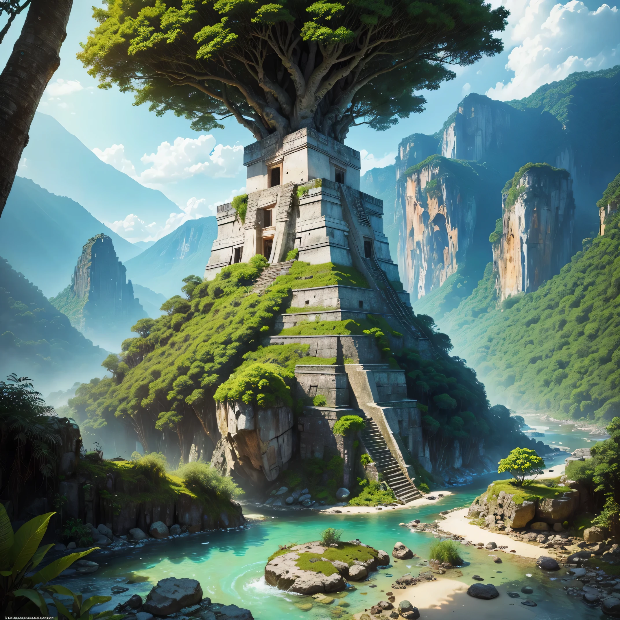 Imagine you are an ancient Mayan living in the jungle, (Best quality,4K,8K,A high resolution,Masterpiece:1.2), Ultra-detailed, (Realistic,Photorealistic,photo-realistic:1.37),Magical nature,Tropical rainforest scenery,Award-winning photography,perfect compositions,(blue-sky,Mayan temple in the distance),(A very wide and clear stream flows slowly),(((There are a lot of trees,Small rivers,A stream in the mountains)))