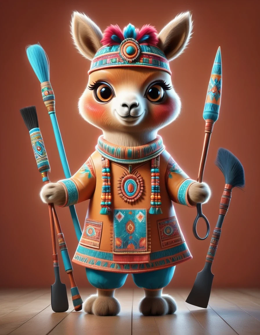 in style of Patchwork , portrait，（A cute alpaca is carrying tools for the Indians），whole body，Dynamic poses，Cool，Cute big eyes，Alpaca in Indian costume，Cartoon，in style of Terracotta artwork , portrait，background：South America
