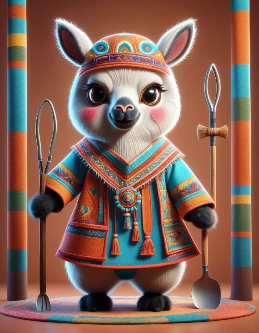 in style of Patchwork , portrait，（A cute alpaca is carrying tools for the Indians），whole body，Dynamic poses，Cool，Cute big eyes，Alpaca in Indian costume，Cartoon，in style of Terracotta artwork , portrait，background：South America
