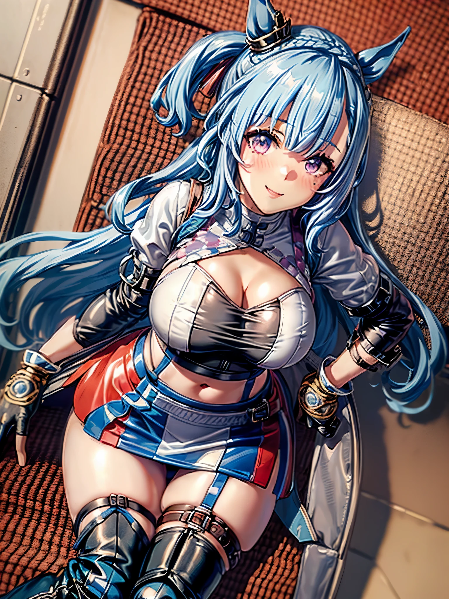 (8k, best quality, masterpiece:1.2), ultra-detailed, (high brightness:1.3), (high contrast:1.1), (high saturation:1.1), (anime screencap:1.20), 1girl, ((solo:1.20)), (mejiro ardan \(umamusume\))), ((animal ears, horse ears, horse girl, horse tail)), ((long hair:1.10)), ((light blue hair:1.5)), ((((hair ornament:1.5)), (ear ornament:1.3), cute, ((Detailed details eyes:1.5)), cute, (red blush:1.5), (((((race queen:1.10))))), skirt, ((blue skirt:1.10)), ((white jacket:1.10)), ((boots:1.10)), (gloves, black gloves), jacket, midriff, ((full body:1.20)), breasts, thigh boots, navel, half gloves, cropped jacket, ((high heel boots:1.10)), ((white footwear)), jacket removed, ((thighhighs:1.10)), planted, high heels, ((thigh strap:1.5)), (((saggy large breasts:1.20))), (((cleavage:1.20))), ((miniskirt:1.20)), ((cute smile, happy)), (((bandeau:1.20))), standing, holding, ((crop top:1.10)), ((puffy nipplse:1.10)), (((large areola:1.10))),
