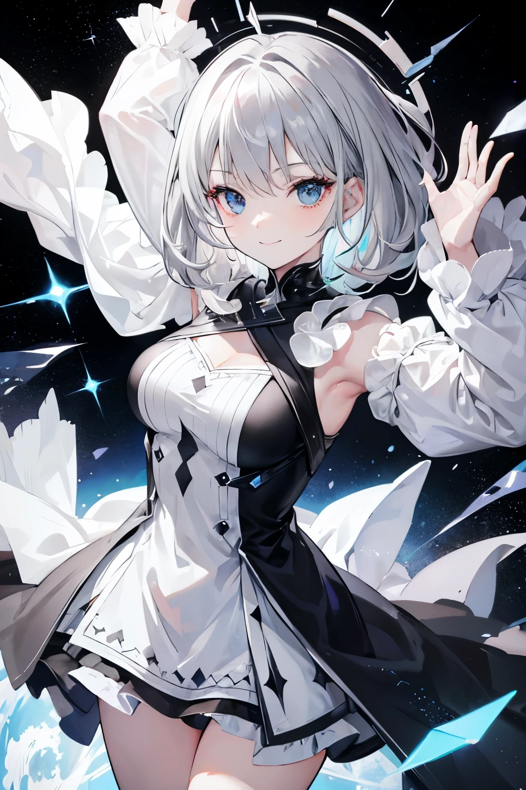 Gray-haired woman, Heterochromia, flash, smile, Respect, black and white dress, Space Background, Raise your arms, High resolution, Super sharp, 8K, masterpiece