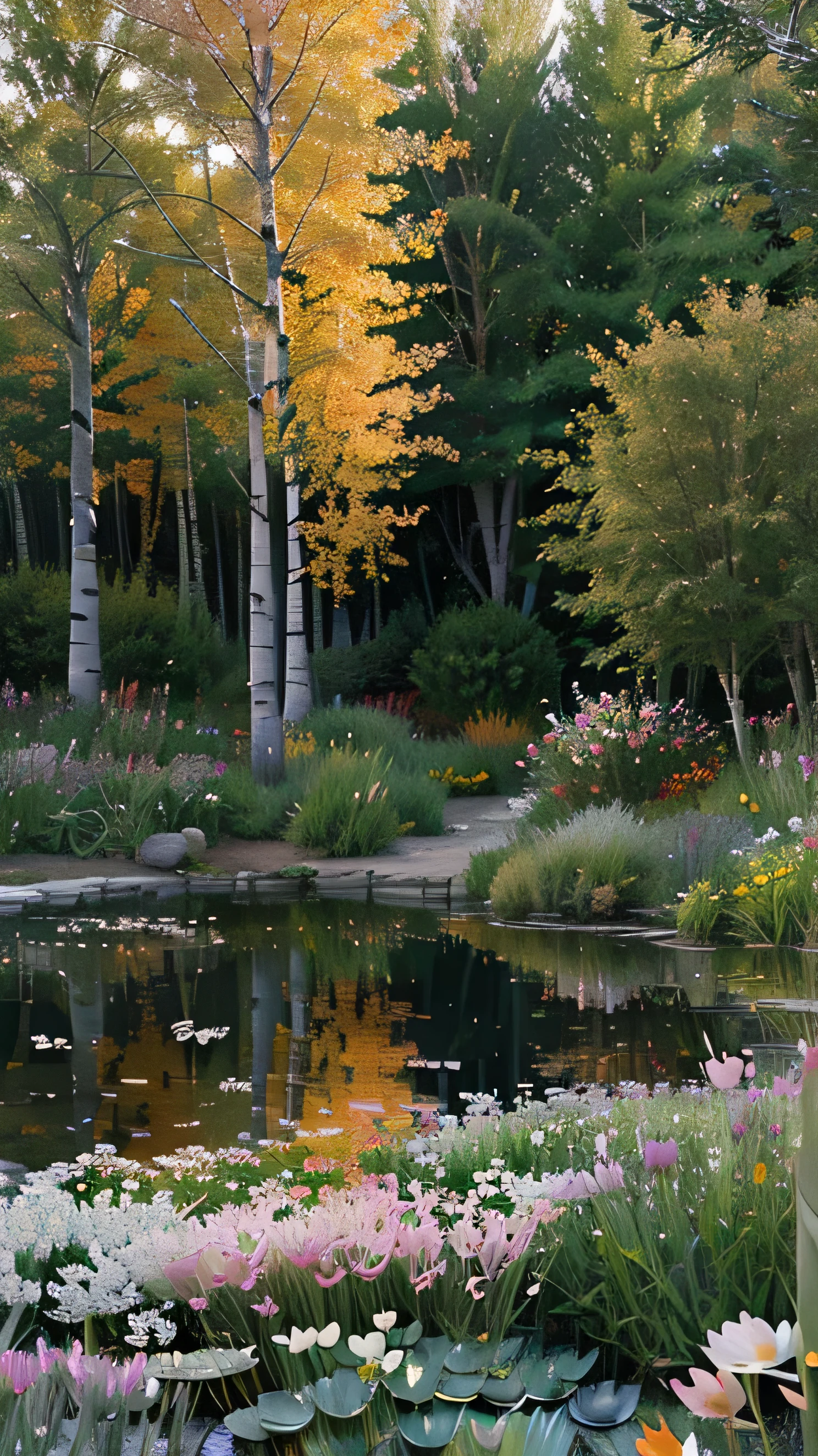 impressionist, cloudy dark grey sky, silver birch trees, small pond lily plants on,flowers colorful,rocks in the pond, grass moving in wind, spring, silver birches and oak tree, Small fox sitting by tree,sunset shining stunning light effect,,red and orange sky.soft brush strokes, atmospheric, high quality, impressionist.