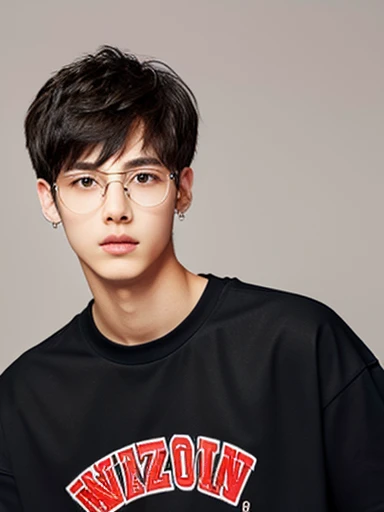 a handsome young 19 year old boy with black doe eyes and perfect white skin, glasses and an earring on his left ear, a birthmark scar on his neck and black fluffy hair, he's posing for a picture, wearing an oversized black tshirt and an some basketball shorts, white nike shoes and pink rosy lips