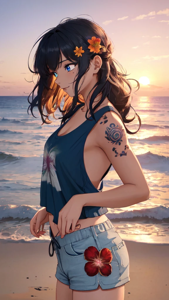 (masterpiece, best quality, ultra detailed, ultra high resolusion, highres,8k:1.4), BREAK,(from side:1.2), 20_years_old, 1giri sitting-on-the-edge-of-the-waves,smile, beach, (looking away:1.7), (dark_skin:1.2),(tribal_tatoo:1.2),(wavy hairs),(messy hair),(asymmetry bangs),(multicolored hair), 
Tsurime Eyes, (((blue eyes))),
((flower hair ornament)),(shortpants,tanktop:1.4), (sunset:1.3), 