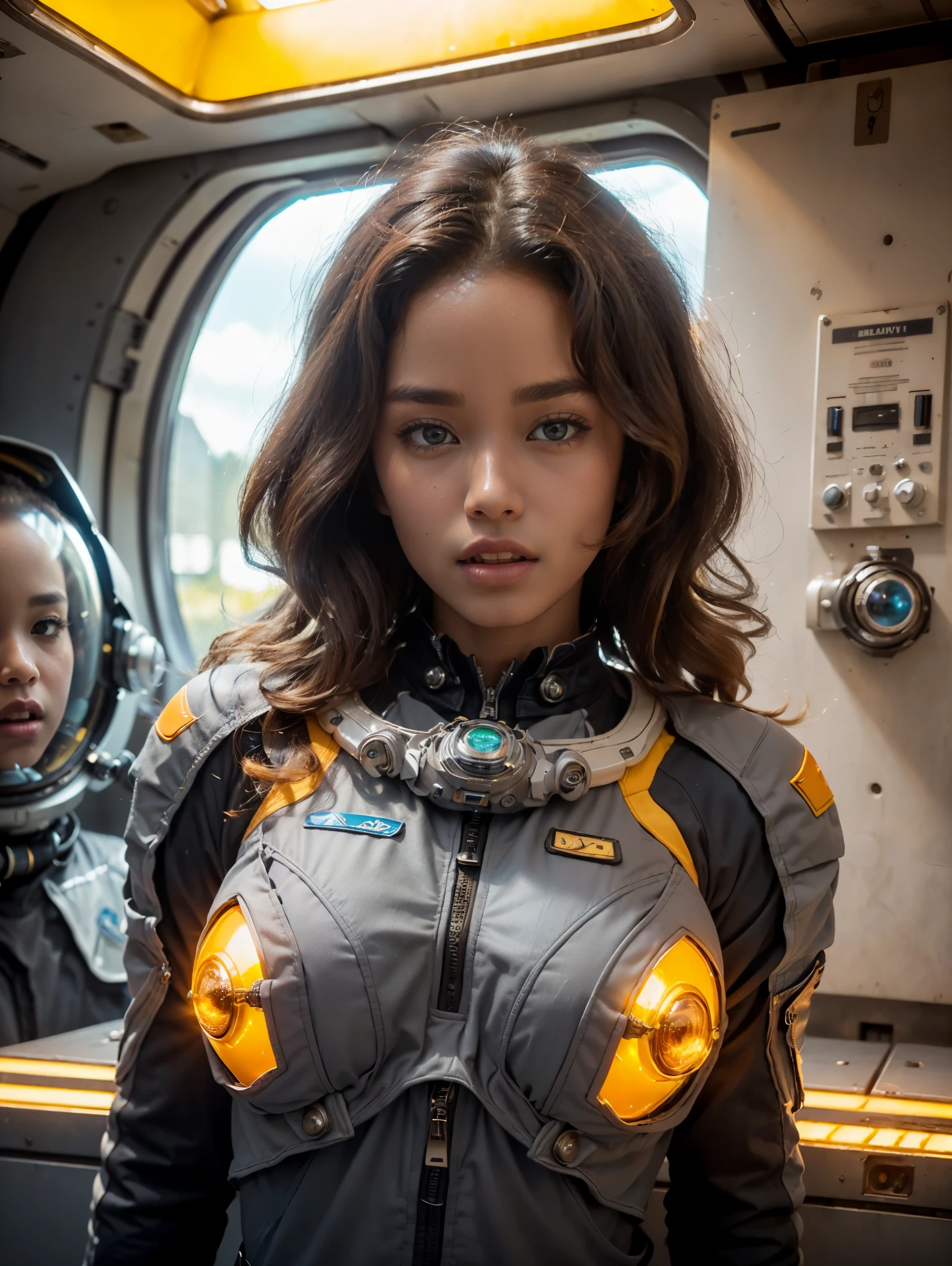 (Photorealsitic:1.4)、female、45 year old、Soryu Asuka Langley、Eva Unit 2 pilot、Colossal 、extremely busty,A slender fearful woman、((((Wearing a gray pilot suit))、top-quality、extremely delicate and beautiful、high resolution、beautiful illuminating、1girl in space station、Earth Eye、Brown hair、(So real that you can mistake it for a photo)、illuminating the face、illuminating、face perfect、(Ultra-detailed eyesnose-mouth-tongue)、sexypose、illuminating the face、(Draw the whole body)、face perfect、space station,, upper body, cowboy shot, closed mouth, putri cinta, putr1c1nta, glowing yellow and orange security overall