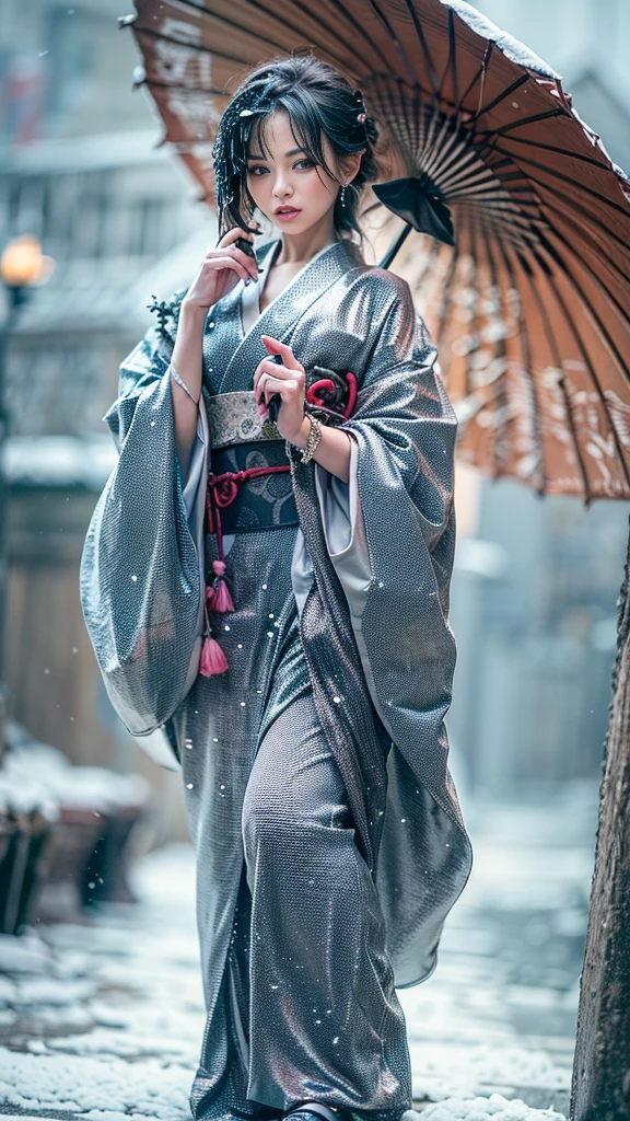 (Realistic:1.5, 16k, highest quality, masterpiece, Ultra-high resolution), (((heavy snow, From below))), Perfect dynamic composition:1.2, (In front of a shrine at night in a modern city, Expressions of sadness:0.9, Low angle shooting:0.9), Highly detailed skin and facial textures:1.2, Young 女性 getting wet in the rain:1.3, Fair skin:1.2, Sexy beauty:1.1, Incredibly slim body:1.2, Beautiful and aesthetic:1.1, Very beautiful face:1.2, Water droplets on the skin, (The rain drips down on my body:1.2, Wet body:1.2, Wet Hair:1.3), (Professional kimono dressing, Holding a wet bouquet:1.2, Wearing a wet silver kimono correctly:1.3), (Big Breasts, Bra is sheer, Chest gap), (Big eyes that exude beautiful eroticism:0.8, Lips that exude beautiful eroticism:0.8), necklace, Earrings, bracelet, wedding ring, Highly detailed and accurate hand and finger representation