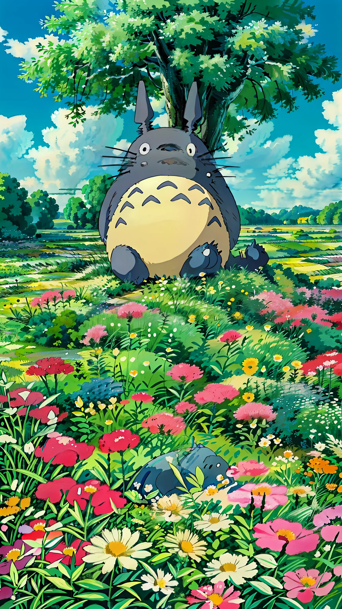 totoro sleeping in the field of flowers under tree, blue cloudy sky, studio ghibli,  4k hd,, beautiful art uhd 4 k, a beautiful artwork illustration, beautiful digital painting, highly detailed digital painting, beautiful digital artwork, detailed painting 4 k, very detailed digital painting, rich picturesque colors, gorgeous digital painting