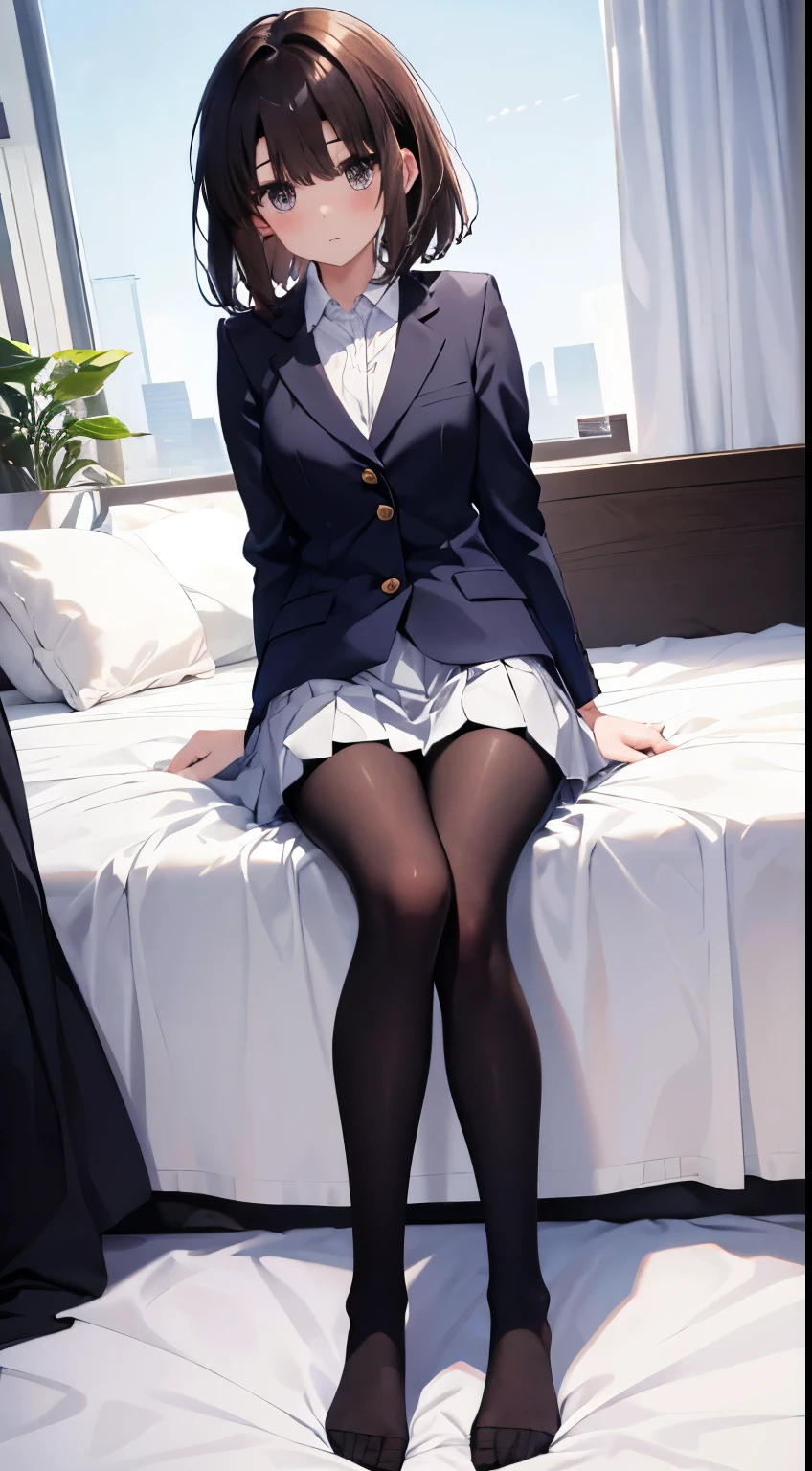 Top quality, masterpiece, High resolution, (Head to toe full body), Composition from the front and slightly below, Symmetric, 18-year-old, Slim and beautiful girl, alone, (Small breasts), (No shoes),Unkempt brown hair, bangs, (black tights), (Black Pantyhose), (Spread-legged pose on bed), Both arms are tied behind one&#39;s back, (A composition showing white panties), (Her legs were spread、I see your white pants.), blush, Shy big eyes, looking at the camera, Blazer uniform, Checkered Pleated Skirt