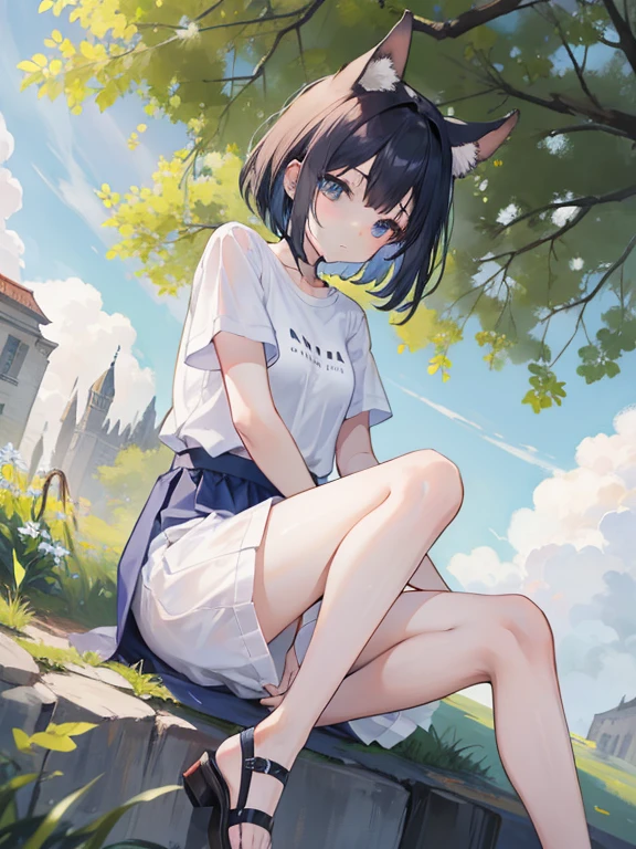 , , enfant, assis sur une herbe, collants blancs, jupe courte, culotte visible, Oreilles de renard, Queue de renard, mignon, timide, heureux, , mignon outfit, cheveux roux, rougir, sans chaussures, yeux verts, entrejambe visible, culotte à rayures bleues, en t-shirt blanc, extra detailed feet, Very detailed face, toucher des culottes nue