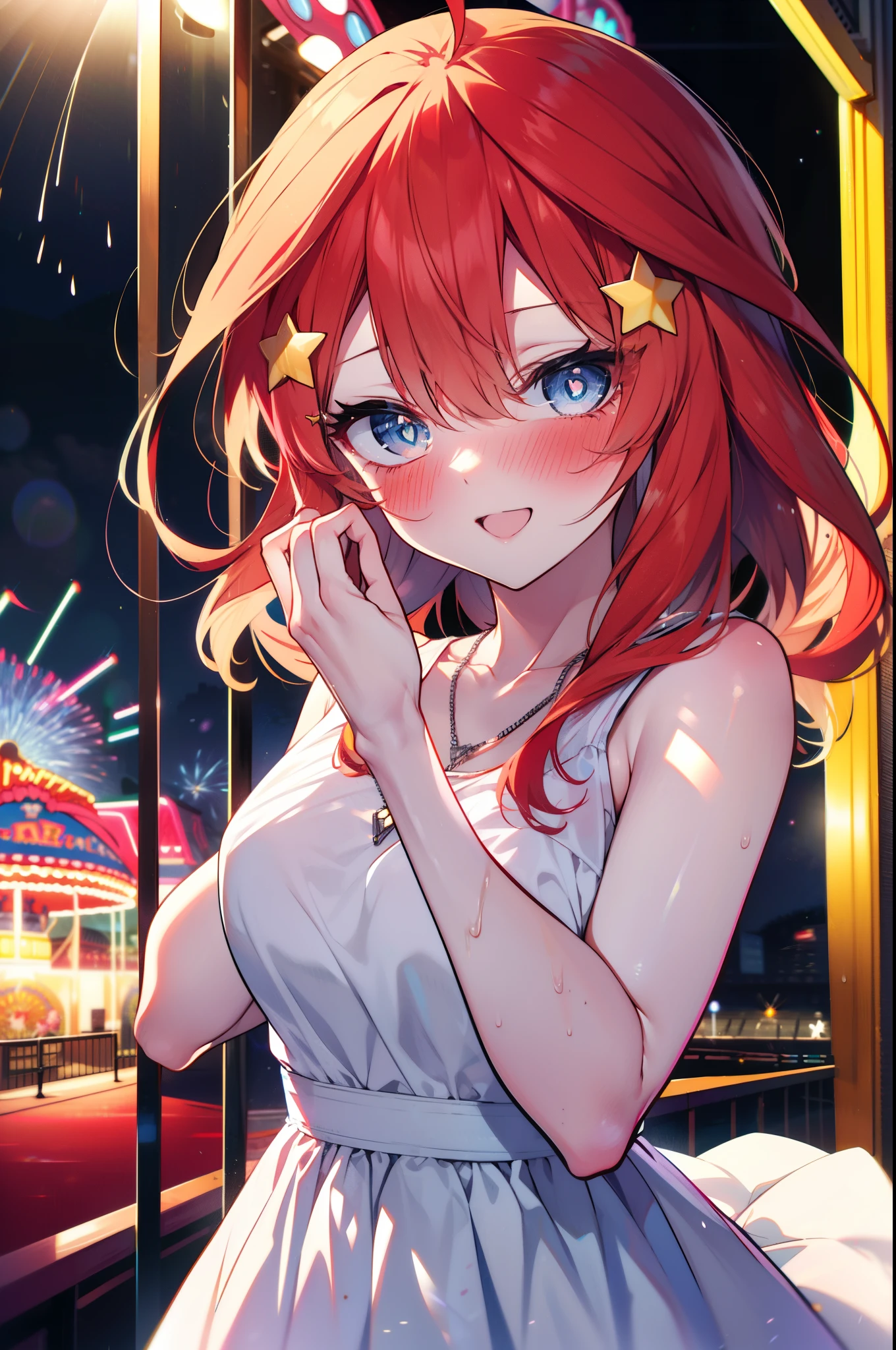 itsukinakano, Itsuki Nakano, bangs, blue eyes, Hair between the eyes, Ahoge, Redhead, star \(symbol\), hair ornaments, star hair ornaments,smile,blush,happy atmosphere,
(Great Laugh:1.1), (Open your mouth:1.1), Sun glare, Bokeh, Written boundary depth, blurred background, Particles of light, Strong winds, White long skirt integrated dress,Exposing shoulders,bare clavicle,Bare neck,Bare arms,Cute Sandals,slouch,Look up,night,moonlight,star,romantic,Heart Necklace,amusement park, roller coaster, carousel, Bumper Car, Ferris wheel, water park,firework, break looking at viewer, Upper Body, whole body,(Cowboy Shot:1. 3) break outdoors, amusement park break (masterpiece:1.2), highest quality, High resolution, unity 8k wallpaper, (shape:0.8), (Fine and beautiful eyes:1.6), Highly detailed face, Perfect lighting, Highly detailed CG, (Perfect hands, Perfect Anatomy),