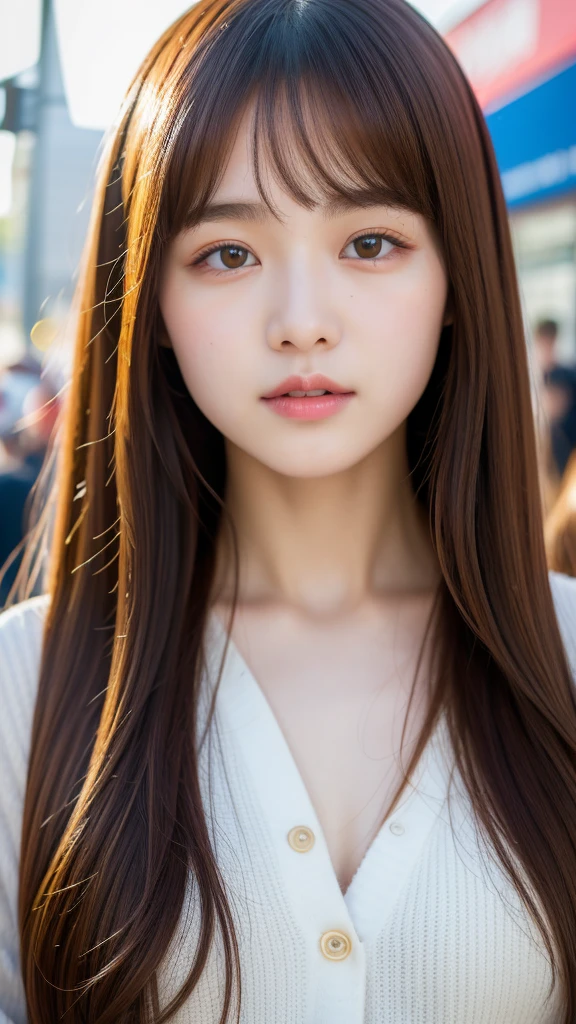 (best quality, 8k, 32k, masterpiece, UHD:1.2), ultra high resolution, (pretty a Korean  girl), portrait, beautiful detailed eyes, semi long brown hair, bangs, crowded city street