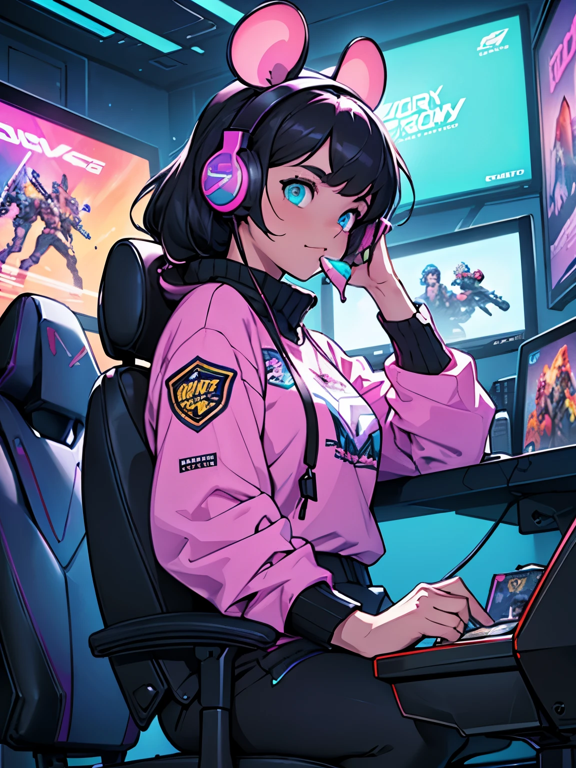 Logo "Xterio", Adorable girl, engrossed in video games, cozy headset clinging to her ears, animated face lit up with excitement, focused eyes locked on the screen, vibrant gaming room bathed in neon lights, posters of fantasy worlds decorating the walls, glowing monitors casting an intriguing glow, colorful backlit keyboard humming softly, ergonomic mouse at the ready, casual clothing adorned with her favorite game logos, surrounded by game merchandise ranging from action figures to strategy guides, dynamic and playful environment filled with the sounds of exploding pixels and triumphant music, interactive online gameplay engrossing her every thought, snack bowl