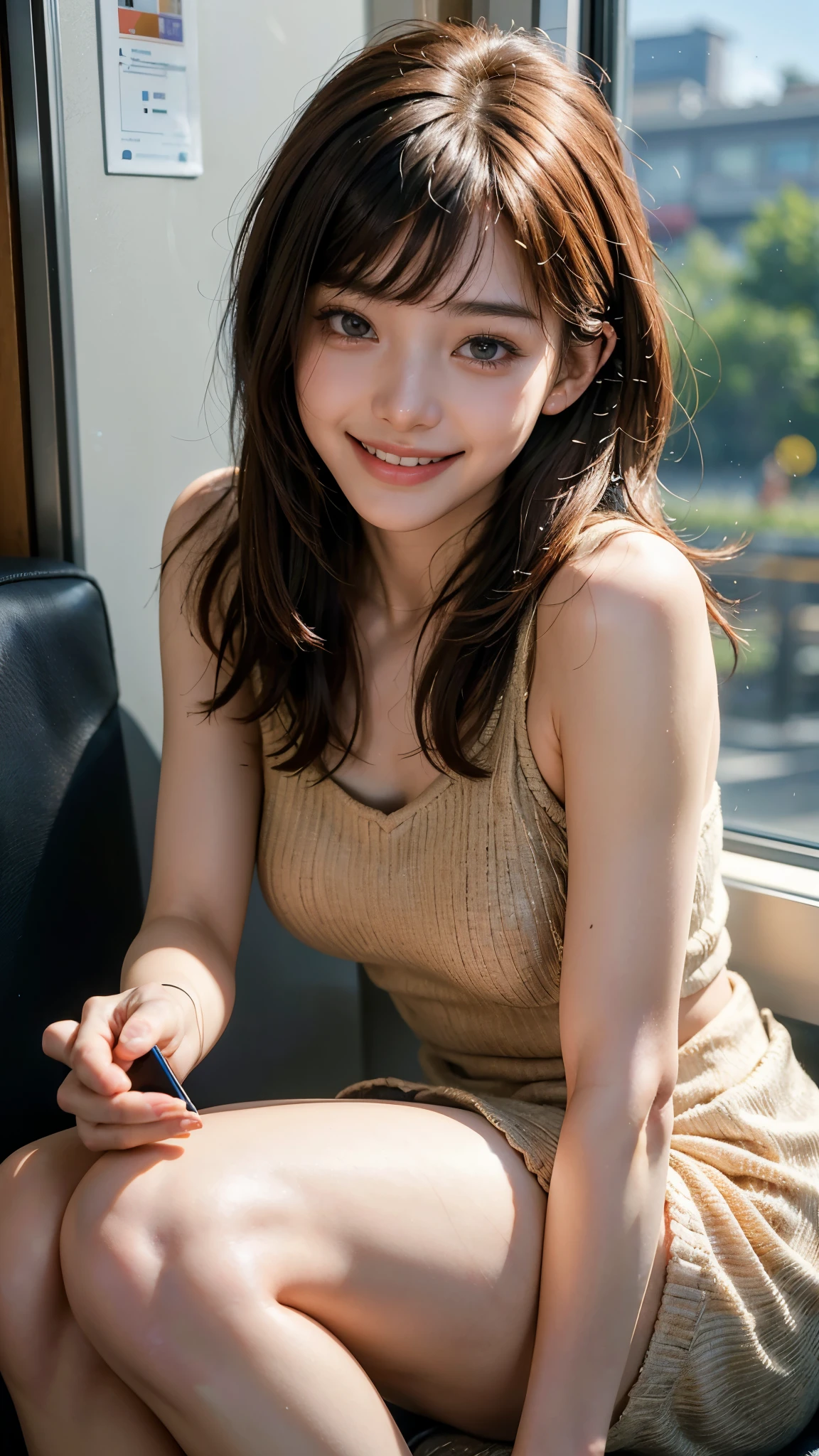 highest quality, masterpiece, Ultra-high resolution, (Realistic:1.4), (Close-up portrait) RAW Photos, 1 girl,20-year-old,((Inside the Shinkansen)),((Wireless Earphones)),((Staring at your smartphone screen)),,((Asian Fashion)),Messy Hair,((Cap Chestnut)),((Bangs short hair)),Realistic,picture media chest)),((Smiling with teeth showing)),((Big smile))