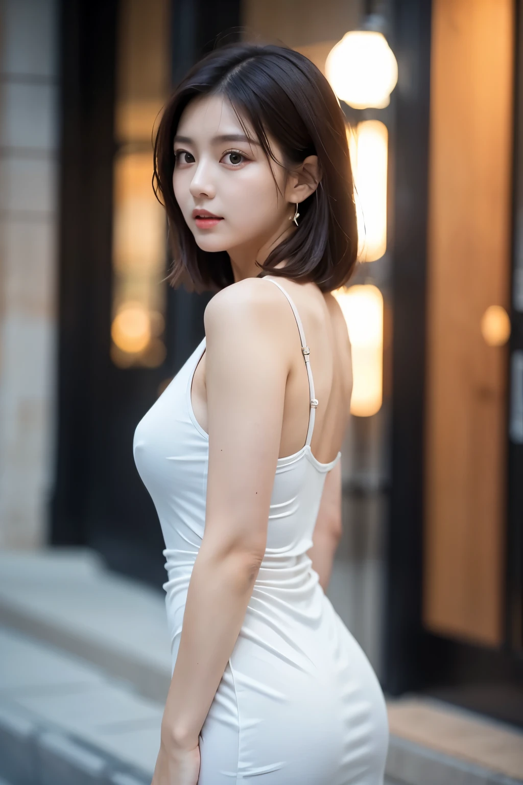 ulzzang-6500-v1.1,  (RAW Photos:1.2), (Photorealistic), Beautiful detailed girl, (See-through:1.3), (Genuine: 1.4), Very detailed目と顔, Beautiful and fine details, elegant long dress、Large file size, High resolution, Very detailed, highest quality, [masterpiece:1.6], Awareness-raising, Very detailed, Hmph, In detail, highest quality, 8k wallpaper, Cinema Lighting, One Girl, , Perfect figure, Cute droopy eyes、Beautiful big eyeastepiece)), highest quality, One Girl, eye shadow, Upper Body, Portraiture, ((full body shot:1.2))、