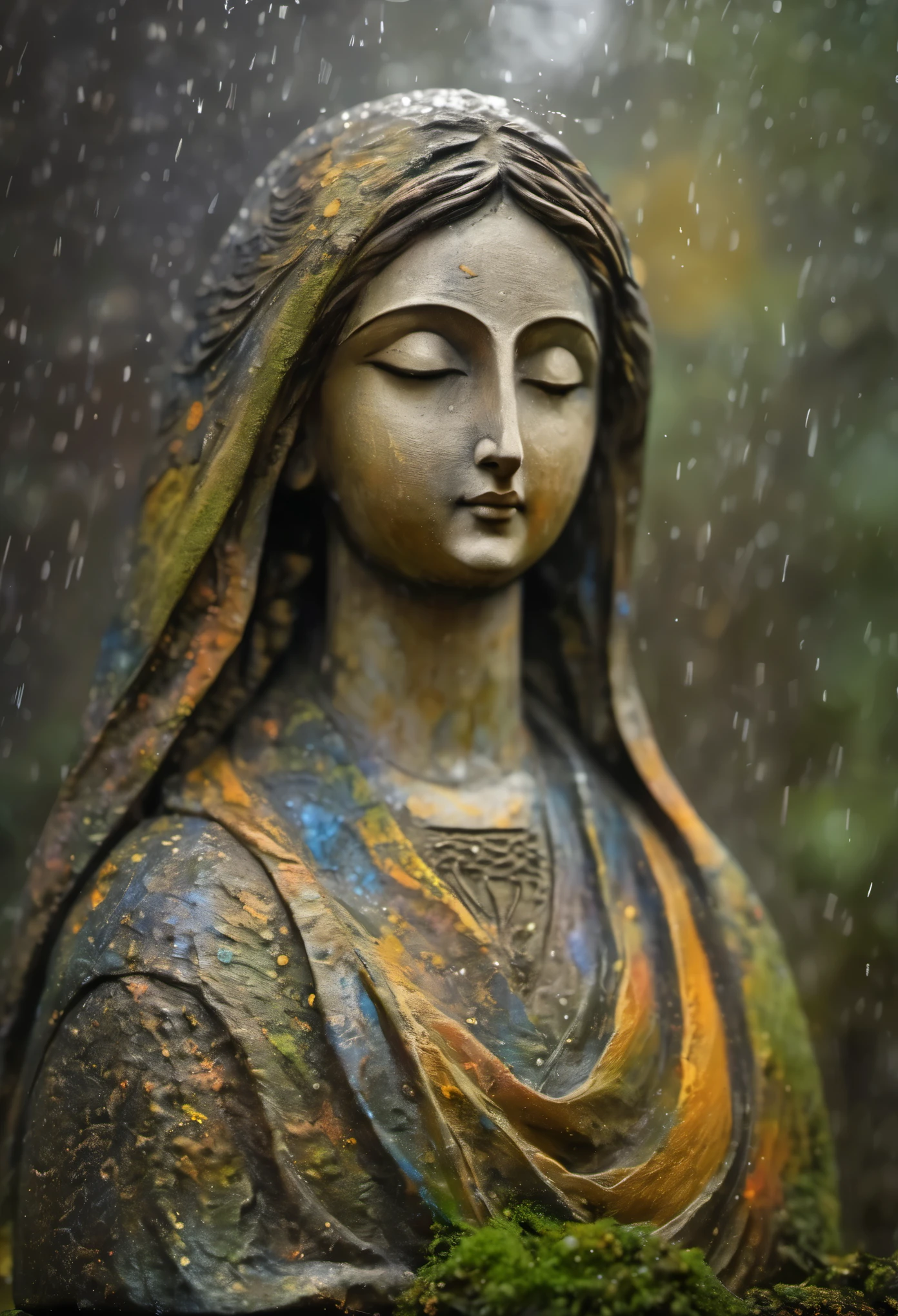 (masterpiece, best quality:1.2), Statue of the Virgin, child，color，Painted in earthy tones，With subtle patterns and textures，Invoking Ancient Wisdom. Focus on the face，With depth of field and bokeh effects. This is a high resolution image，Complex details，The background is dark，Soft lighting, style of. 
