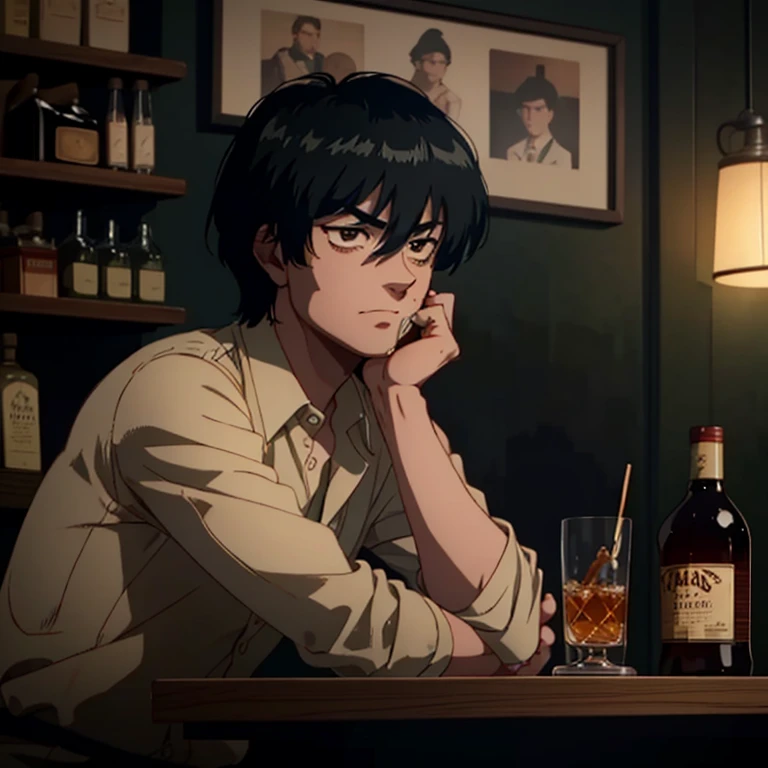 in a vintage wooden bar chair,smoking a cigar,gentleman style,bartender serving drinks,wooden bar counter,dark atmosphere,vintage jazz music,alcholic drinks in background,detailed facial expression,refined clothing,relaxed posture,smoky ambiance,glassware clinking,whiskey bottles on the shelves,classic cocktails on the menu,low-key elegance,rich color tones,soft shadows,subtle highlights.The bar is fully crowded with people.But miyata is in a more silent side.Holding his cigarette,Looking in front,thinking deeply,natural face expression,Miyata,Short hair,Sharp look,black eyes,(realistic,UHD,high definition,sharp focus:1.34)(best quality,4k,8k,high resolution,masterpiece:1.2),ultra-detailed,(realistic,photorealistic,photo-realistic:1.37)