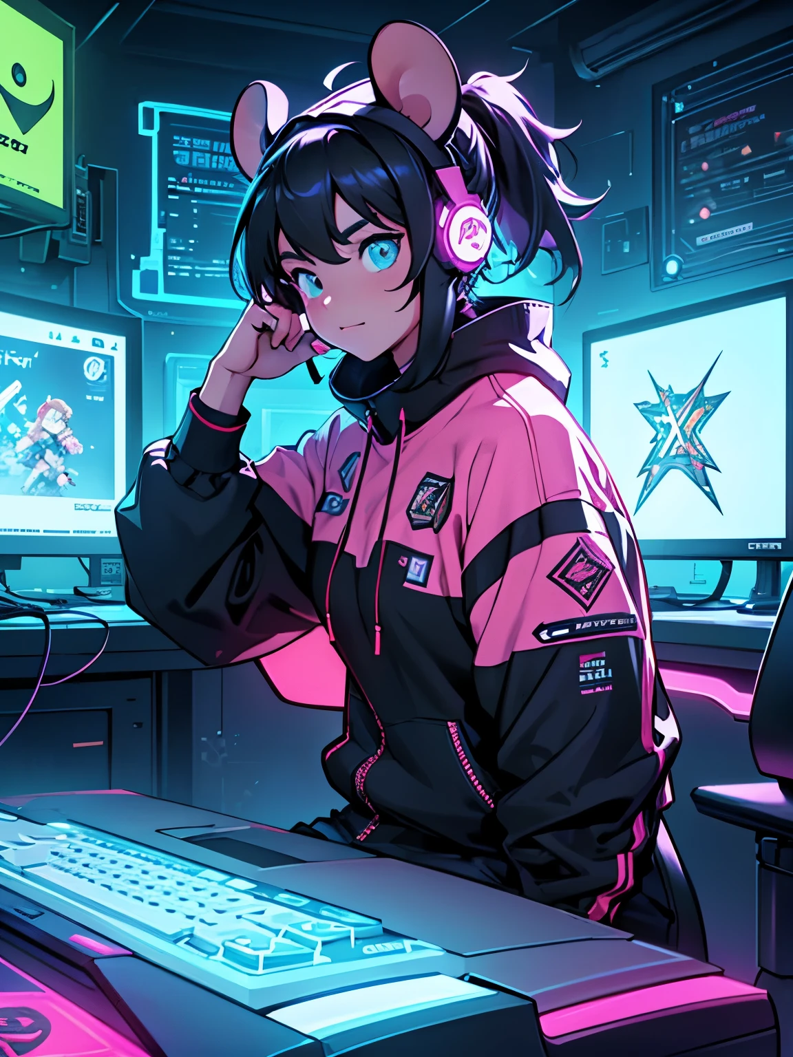 Logo "Xterio", Adorable girl, engrossed in video games, cozy headset clinging to her ears, animated face lit up with excitement, focused eyes locked on the screen, vibrant gaming room bathed in neon lights, posters of fantasy worlds decorating the walls, glowing monitors casting an intriguing glow, colorful backlit keyboard humming softly, ergonomic mouse at the ready, casual clothing adorned with her favorite game logos, surrounded by game merchandise ranging from action figures to strategy guides, dynamic and playful environment filled with the sounds of exploding pixels and triumphant music, interactive online gameplay engrossing her every thought, snack bowl