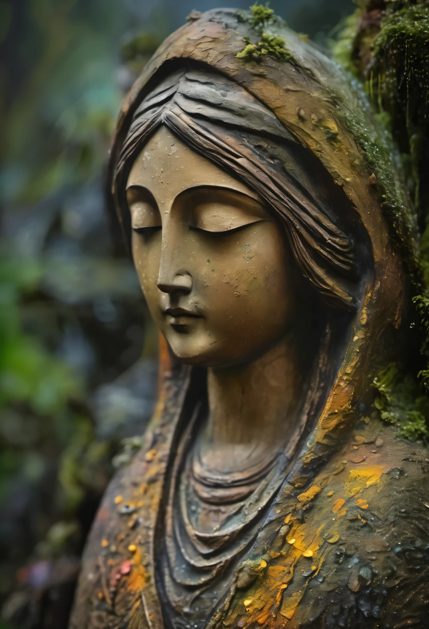 (masterpiece, best quality:1.2), Statue of the Virgin, Painted in earthy tones,Colorful,Natural Pigments,With subtle patterns and textures,Invoking Ancient Wisdom. Focus on the face,With depth of field and bokeh effects. This is a high resolution image,Complex details,The background is dark,Soft lighting, rain,moss,forest