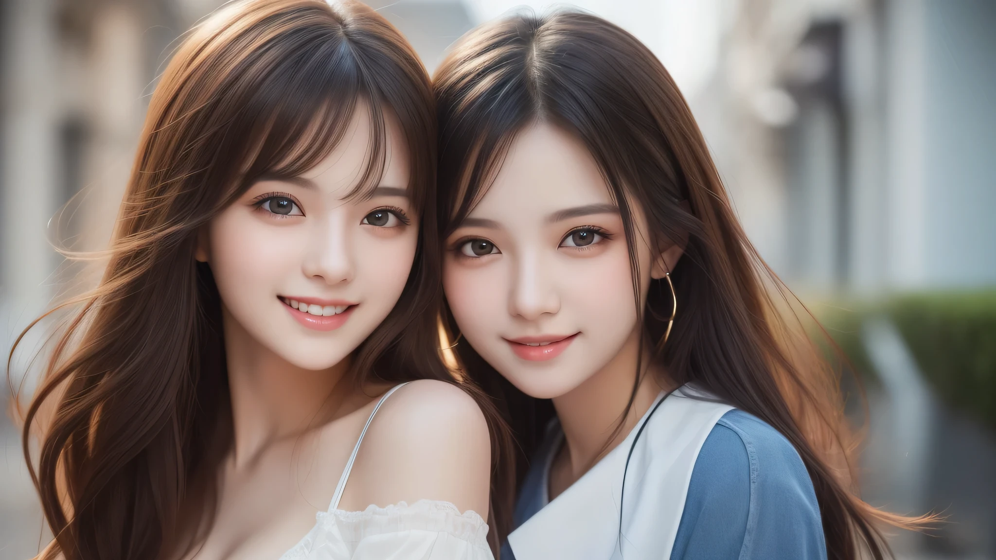 (2girl:1.3), (ultimate beautiful girl), cute face, (smiling), Amazing face and eyes, (Best Quality:1.4), (Ultra-detailed), (extremely detailed beautiful face), (highly detailed Beautiful face), (extremely detailed CG unified 8k wallpaper), High-definition raw color photos, Professional Photography, Extremely high resolution, fashionable, Highly detailed, big breasts,