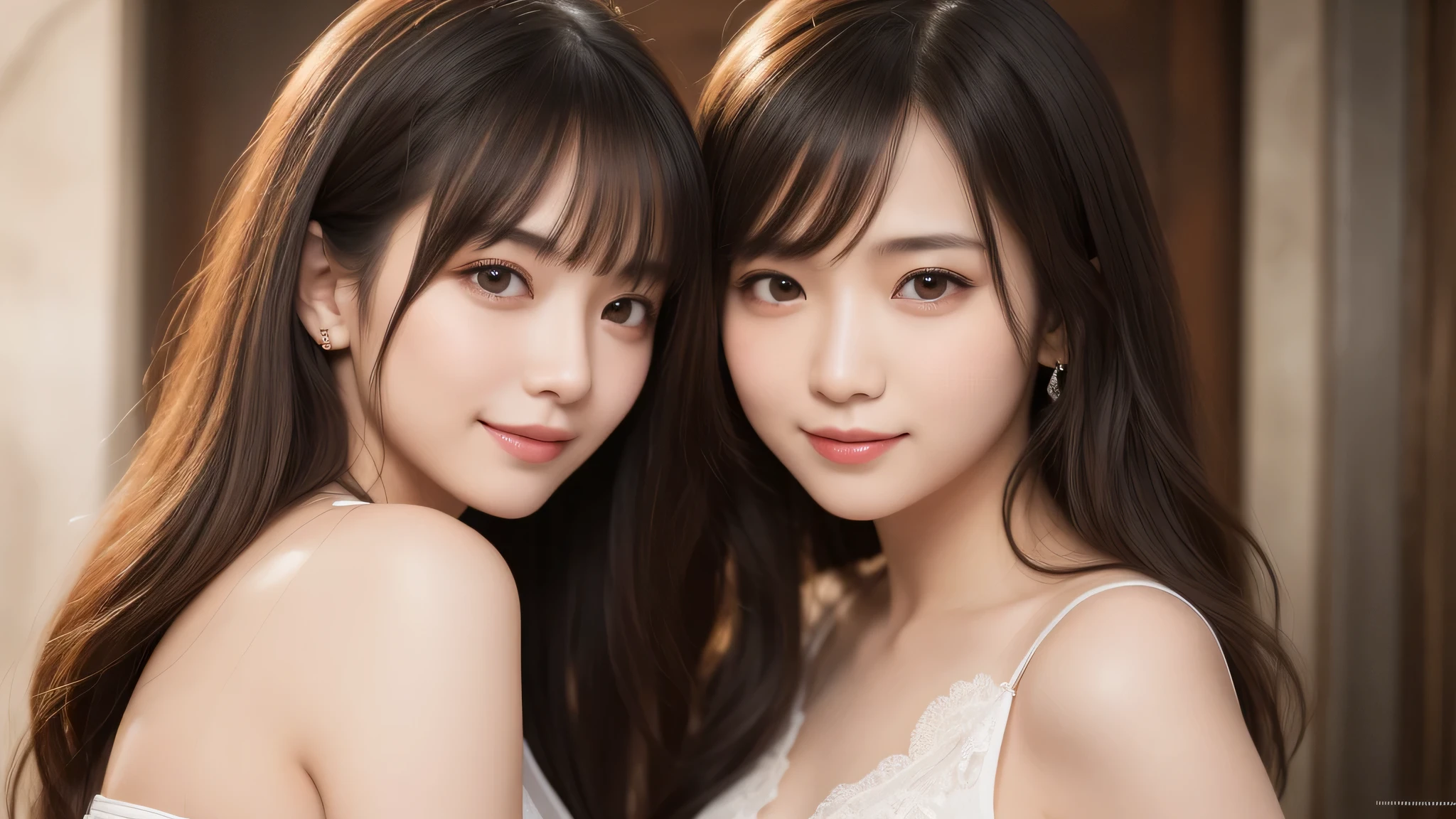 (2girl:1.3), (ultimate beautiful girl), cute face, (smiling), Amazing face and eyes, (Best Quality:1.4), (Ultra-detailed), (extremely detailed beautiful face), (highly detailed Beautiful face), (extremely detailed CG unified 8k wallpaper), High-definition raw color photos, Professional Photography, Extremely high resolution, fashionable, Highly detailed, big breasts, 