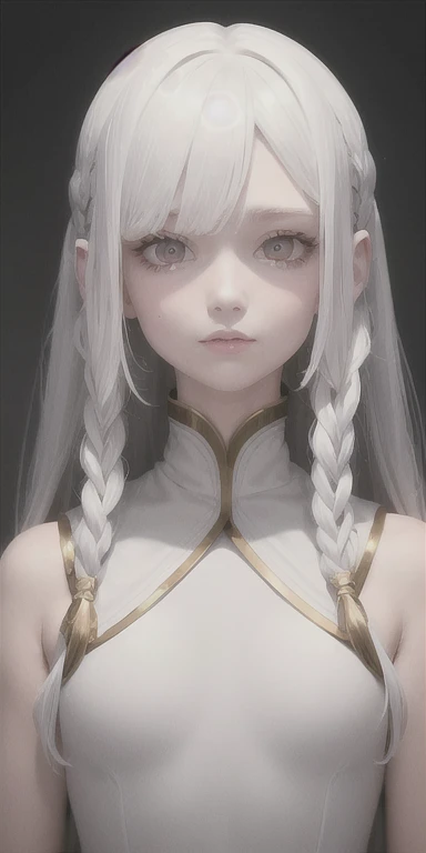 best quality, masterpiece,white hair, Golden Eyes,White clothes, look up, Upper Body,hair,White skin,Side braids