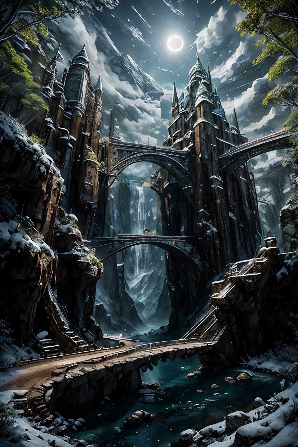 secrealm,waterfall,fantasy,ancient technology,smoke,white smoke,snow,midnight,fullmoon,treehouse,road,laboratory,
(masterpiece:1.2),best quality,
ultra-detailed,
hires,8k,original,extremely detailed wallpaper,perfect lighting,body shadow,blurry foreground,warm lighting,movie light,light,light tracking,
cinematic light,movie perspective,advertising style,magazine cover offcial art,high quality,ultra-detailed),dramatic lighting,