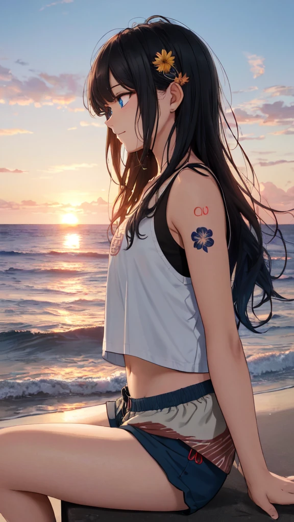1boy, apple, bag, bangs, berry, black hair, black shirt, blue eyes, hair between eyes, jewelry, leaf,kitsune mask, male focus, necklace, pants, shirt, solo, watch, white skirt, wristwatch, messy hair, trending on artstation, 8k resolution, highly detailed, anatomically correct, sharp image, digital painting, concept art, trending on pixiv, style of makoto shinkai, curvy, sea