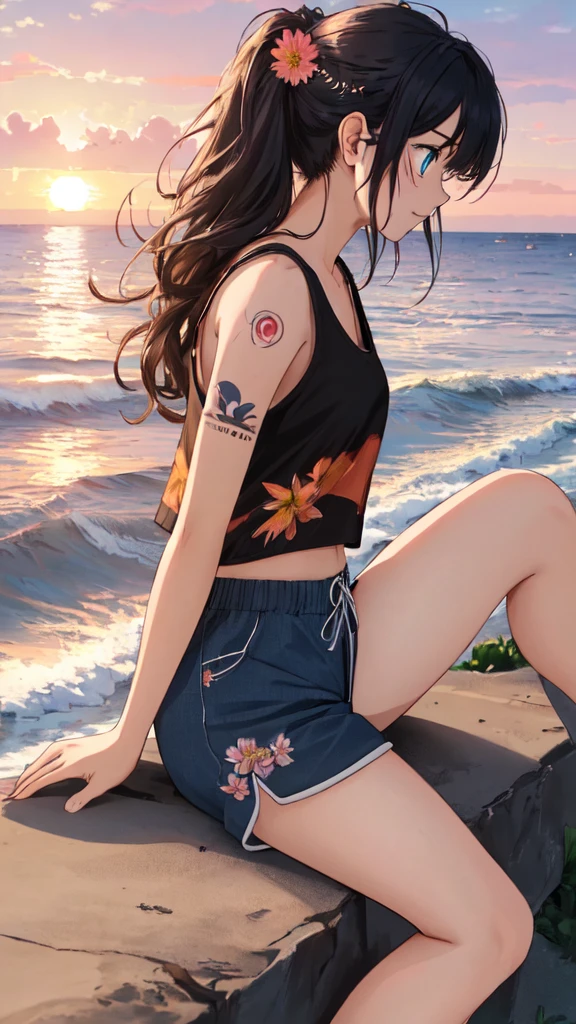 (masterpiece, best quality, ultra detailed, ultra high resolusion, highres,8k:1.4), BREAK,(from side:1.2), 20_years_old, 1giri, (sitting-on-the-edge-of-the-waves:1.3), smile, beach, (looking away:1.7), (dark_skin:1.2),(tribal_tatoo:1.2),(wavy hairs),(messy hair),(asymmetry bangs),(multicolored hair),
Tsurime Eyes, (((blue eyes))),
((flower hair ornament)),(shortpants,tanktop:1.4), (sunset:1.3),
