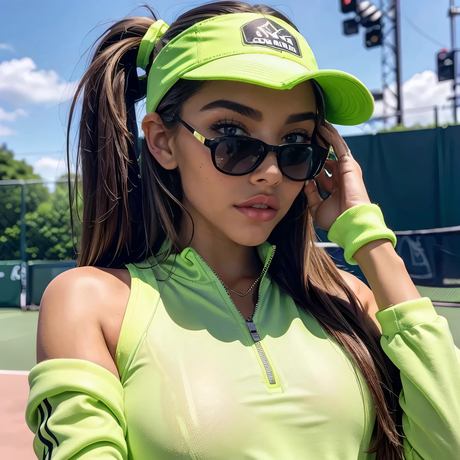 Madison Beer im Tennisoutfit, auf Tennisfeld , Ausschnitt, erotischer Gesichtsausdruck, dunkle Haare, Barbie-Figur, weiblich, (neon green outfit)