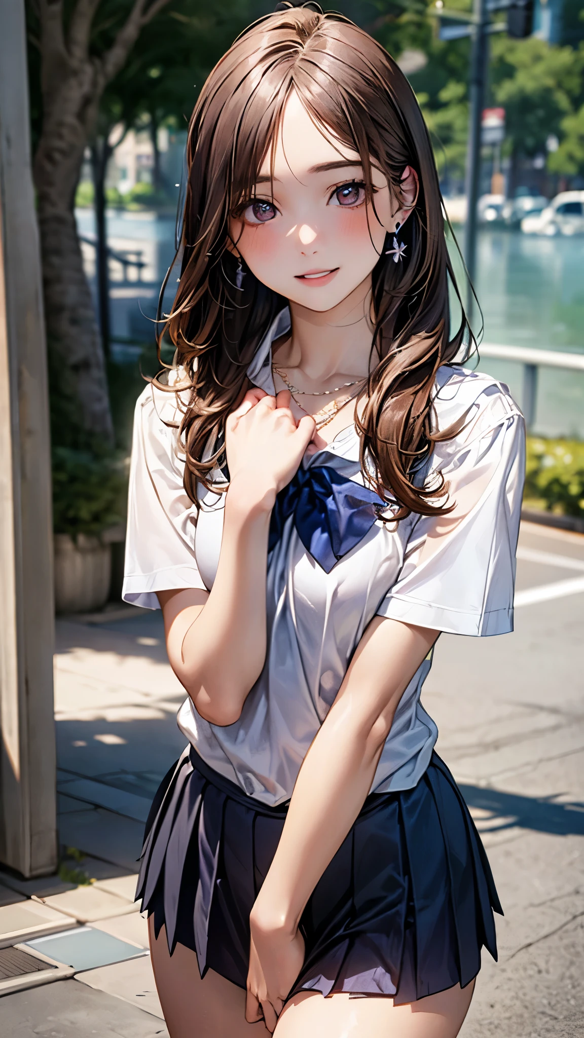 (masterpiece:1.2, top-quality), (realistic, photorealistic:1.4), beautiful illustration, (natural side lighting, movie lighting), nsfw,
beautiful detailed hair, beautiful detailed face, beautiful detailed eyes, beautiful clavicle, beautiful body, beautiful chest, beautiful thigh, beautiful legs, beautiful hands,
looking at viewer, 1 girl, japanese, high school girl, perfect face, cute and symmetrical face, shiny skin,
(long hair, straight hair, brown hair), forehead, gray eyes, slant eyes, big eyes, long eye lasher, (medium breasts), (small ass, thin thighs), slender, outstanding style,
(detailed cloth texture, short sleeve white collared shirt, navy school vest, navy pleated skirt, navy bow tie), earrings, necklace,
(beautiful scenery), summer, evening, (school), walking, (lovely smile, upper eyes, parted lips),
