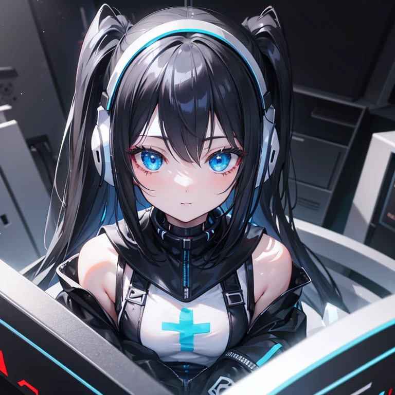 black and white 4k wallpaper,3d anime gamer girl,black hair,blue eyes,using gamer headset