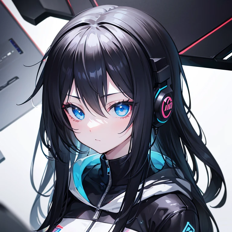 초상화, Face_through_torso, A short-statured girl with brown skin and green eyes. Her hair is brown, styled in an asymmetrical bob cut with a long fringe completely covering her right eye. The back of her hair reaches just near her shoulders. She has a cyberpunk aesthetic with a pair of futuristic headphones hanging around her neck. She wears a grey sleeveless shirt beneath an oversized, deep green hooded coat that has a slightly scientific and cyberpunk design. The hooded coat is large enough that it casually drapes over her frame, with the left shoulder exposed as the coat slips off, and the coat's length reaches down to her thighs. She pairs this with short black shorts. Her left hand is tucked into the pocket of her coat, and her expression conveys a sense of fatigue and indifference, with half-closed eyes to emphasize her tired and disinterested demeanor.