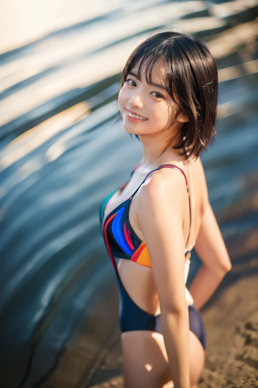 1 girl, masterpiece, Very detailed, (Shine), ((beautiful delicate Shine)), Intricate details, Lens flare, Black Hair,short hair,Orange bikini swimsuit, hair ornament, (Particles of light), put your arms behind your back, Medium Chest, [take up], Cowboy Shot,Full body portrait,A light smile, Black Eye, Water&#39;s Edge,Beach,Spotlight, Dark Background, floating hair, floating hair, Looking at the audience,((colorful))
