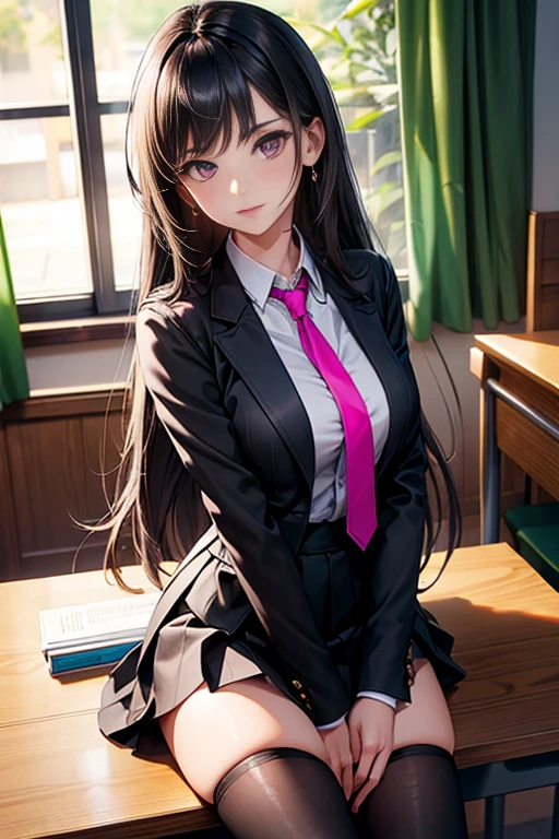 (best quality:1.1), (Masterpiece:1.2), High quality shadow, Beautiful details, Beautiful face, Detailed eyes, depth of field, High resolution, best shadow, best lighting, 1 girl, see viewers, black hair, smooth, blunt, long hair, pink eyes, shy, very big breasts, black short skirt, women&#39;s shirts, fashion suit jacket, pump, high school girl,rift, , classroom background, women&#39;s tie