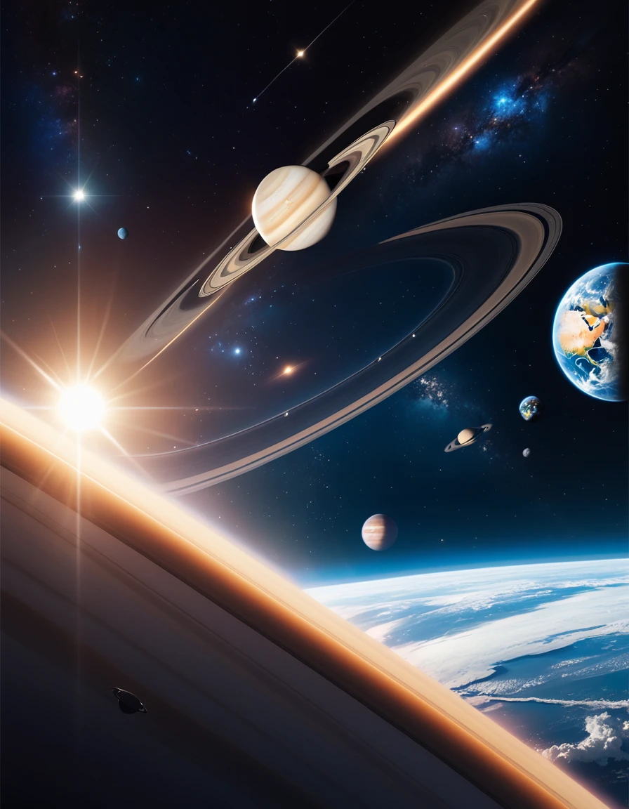 space themed (very aesthetic, best quality:1.3), Science fiction, Very detailed，Earth，saturn，Jupiter，sun，Earth视角