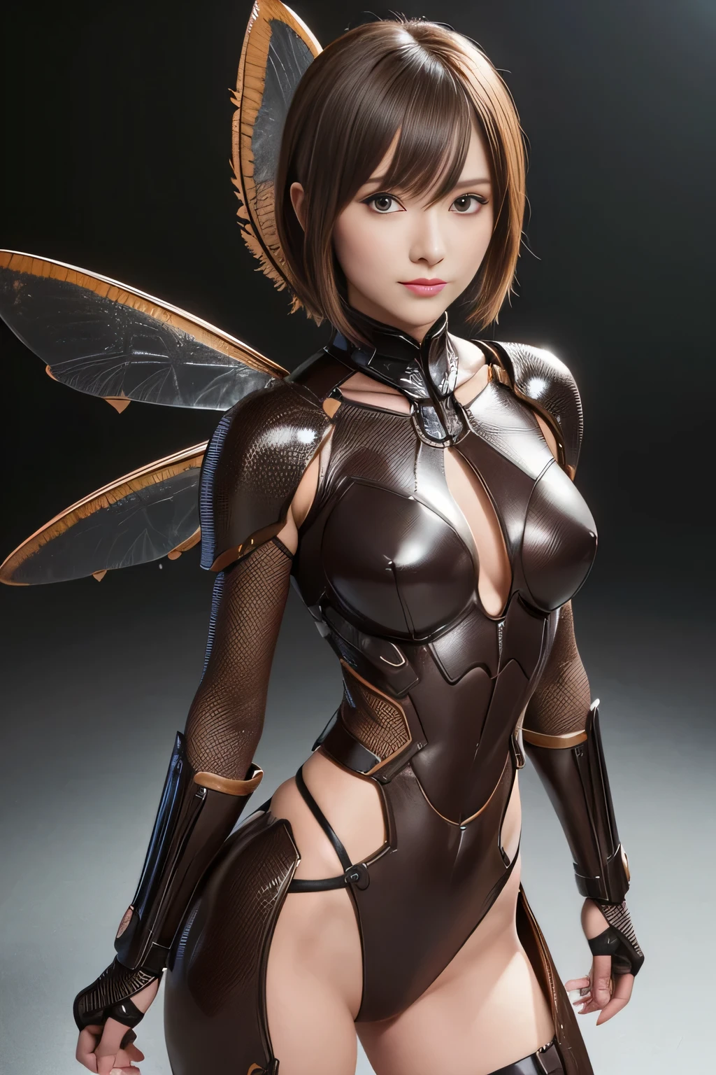 (high resolution,masterpiece,best quality,extremely detailed CG, anime, official art:1.4), realistic, photo, amazing fine details, all intricate, gloss and shiny,awesome many layers, 8k wall paper, 3d, sketch, kawaii, illustration,( solo:1.4), perfect female proportion,villainess, (fusion of dark brown cockroach and lady:1.4), (brown cockroach form lady:1.2), (brown cockroach lady:1.2), (fusion:1.2), (solo:1.4), (evil smile:1.2), muscular, abs, (cockroach brown exoskeleton bio insect suit:1.4), (cockroach brown exoskeleton bio insect armor:1.2), (brown transparency cockroach wing:1.4), (brown cockroach antennae:1.3),