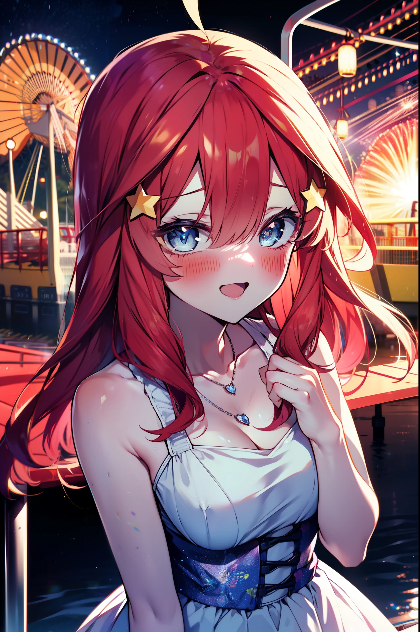 itsukinakano, itsuki nakano, bangs, blue eyes, hair between eyes, Ahoge, redhead, star \(symbol\happy smile, smile, open your mouth,embarrassing,blush, hair ornaments, star hair ornaments,red off shoulder sweater,bare shoulders,bare clavicle,naked neck,Heart Pendant Necklace,Black long skirt,Mini Boots,whole bodyがイラストに入るように,There are many shops,noon,Light of the sun,晴
break outdoors, station,square,
break looking at viewer,whole body (cowboy shot:1.5),
break (masterpiece:1.2), highest quality, High resolution, unity 8k wallpaper, (shape:0.8), (fine and beautiful eyes:1.6), highly detailed face, perfect lighting, Very detailed CG, (perfect hands, perfect anatomy),