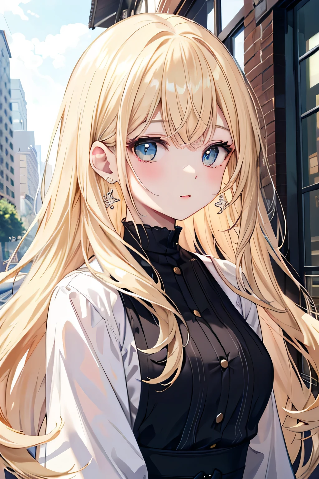 ((highest quality)), ((masterpiece)), (detailed), Perfect Face、Shocked, I cover my mouth、blonde、smooth hair、Long Hair、Earrings、Earrings、In the city、