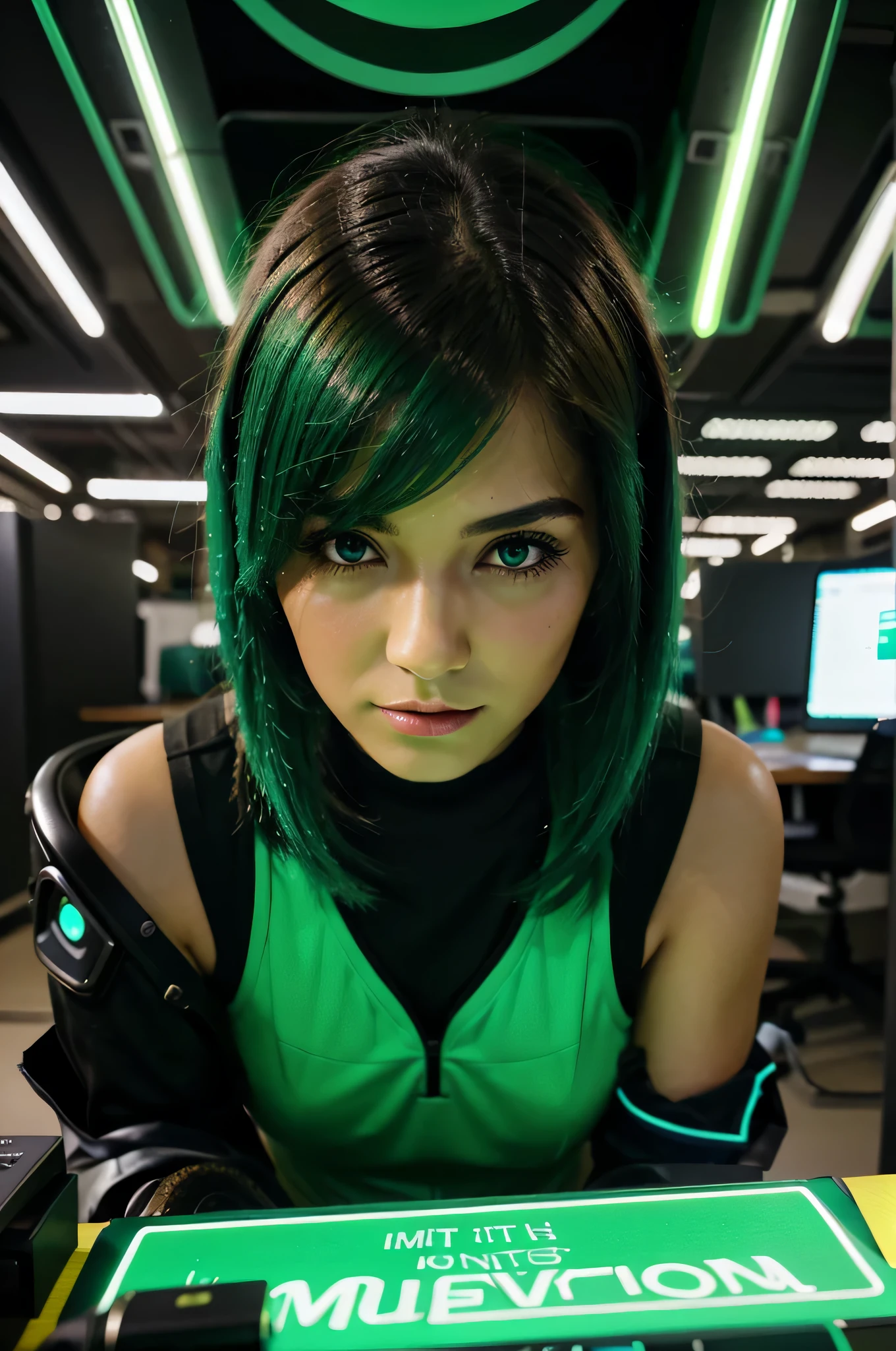 crie a imagem de uma mulher em um escritorio, muitos detalhes verde neon, escritorio de tecnologia, futurista.