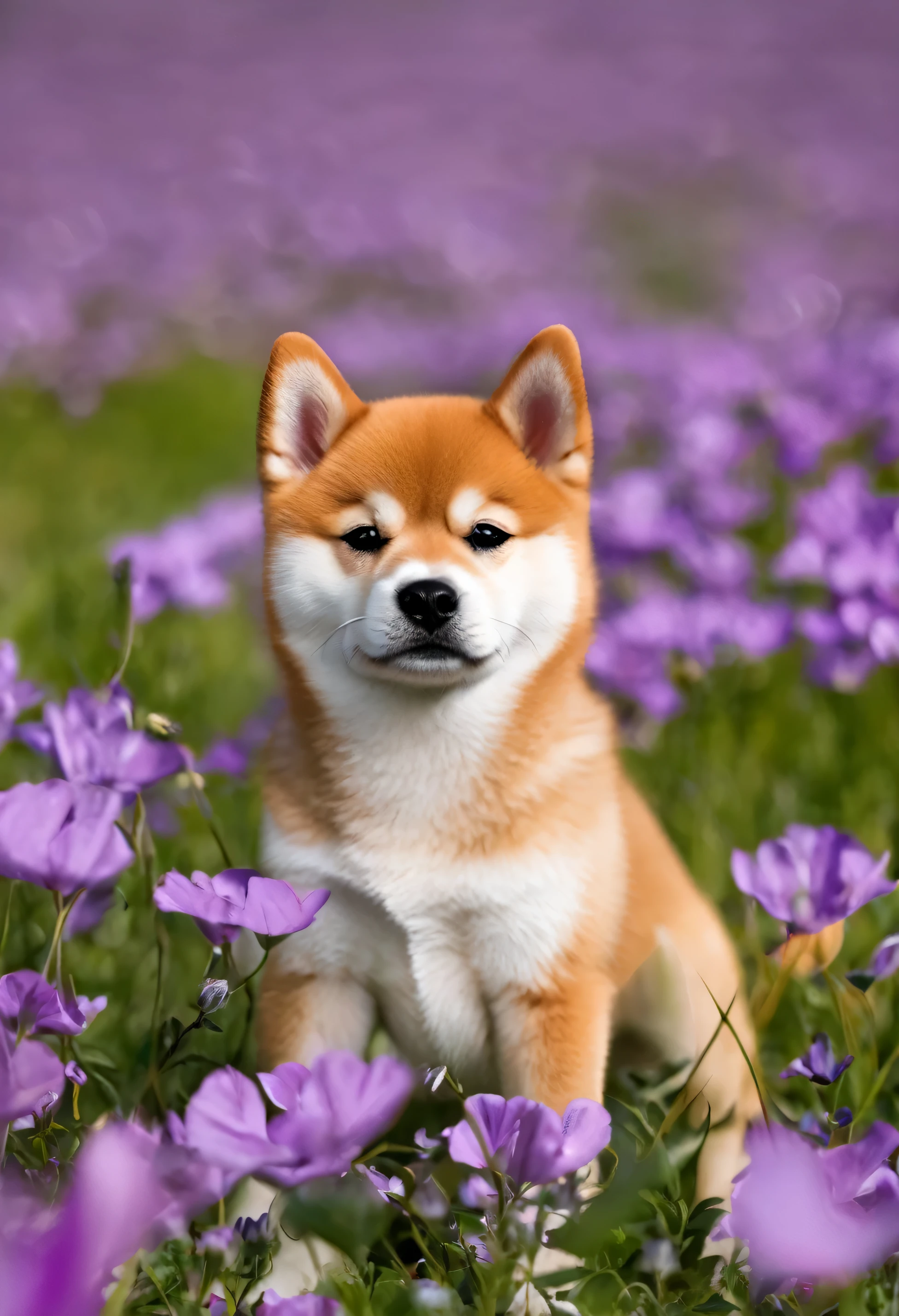 shiba inu puppy in a purple flower field