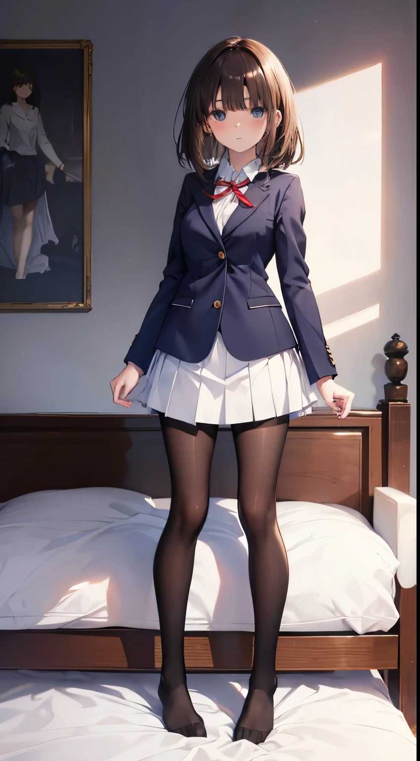 Top quality, masterpiece, High resolution, (Head to toe full body), Composition from the front and slightly below, Symmetric, 18-year-old, Slim and beautiful girl, alone, (Small breasts), (No shoes),Unkempt brown hair, bangs, (black tights), (Black Pantyhose), (Spread-legged pose on bed), Both arms are tied behind one&#39;s back, (A composition showing white panties), (Her legs were spread、I see your white pants.), blush, Shy big eyes, looking at the camera, Blazer uniform, Checkered Pleated Skirt